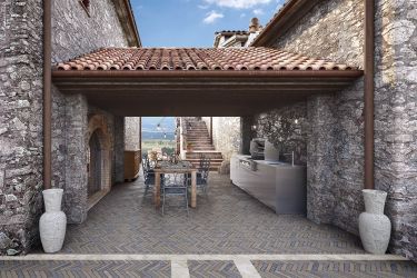 outdoor modern kitchen in metallic design on rock balcony